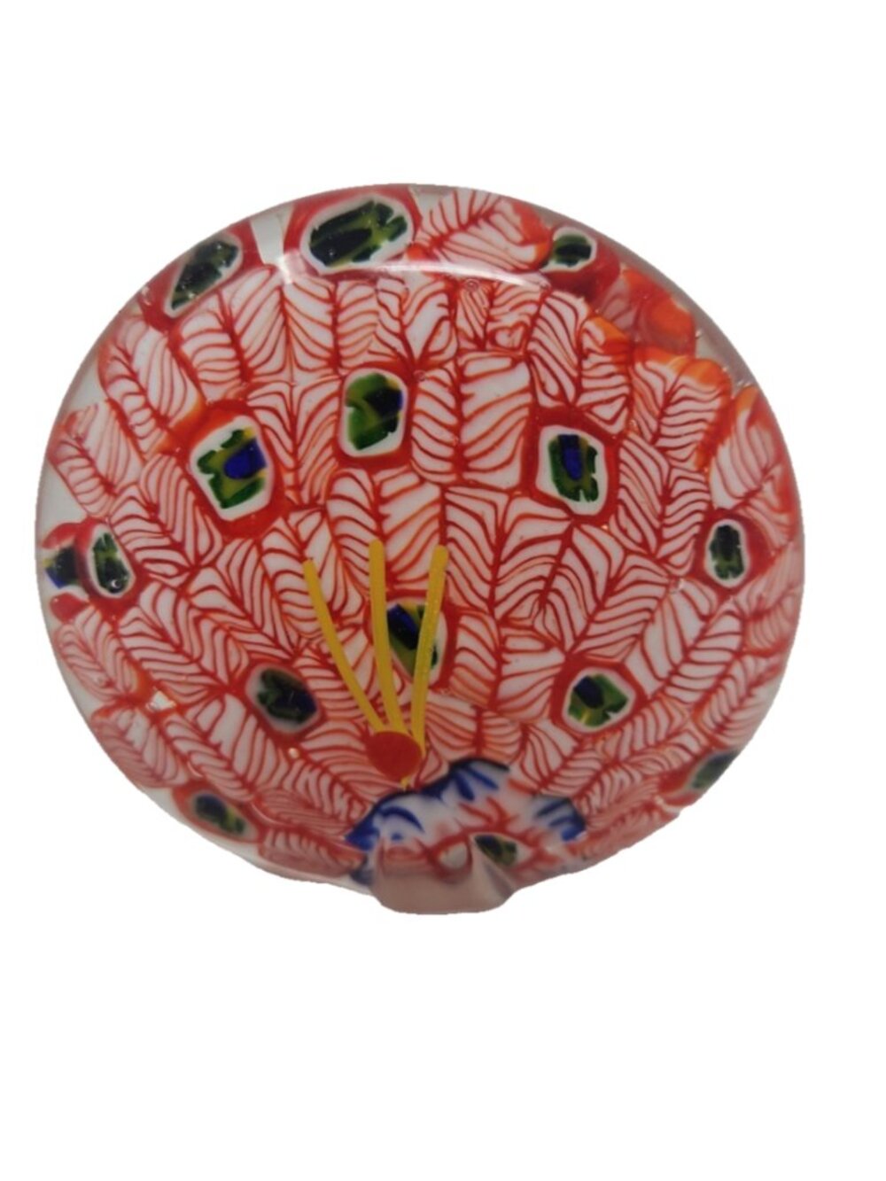 Vintage Glass Paperweight Peacock Murano Style Cane Millefiori Red White China